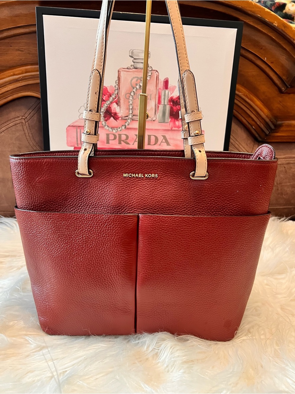 Michael Kors Burgundy pebble Leather with Cream Straps shoulder bag